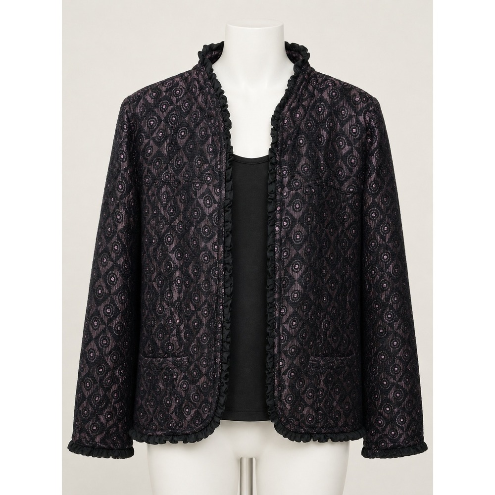 Units Black Purple Geometric Jacquard Ruffle Trim Open Front Jacket Large